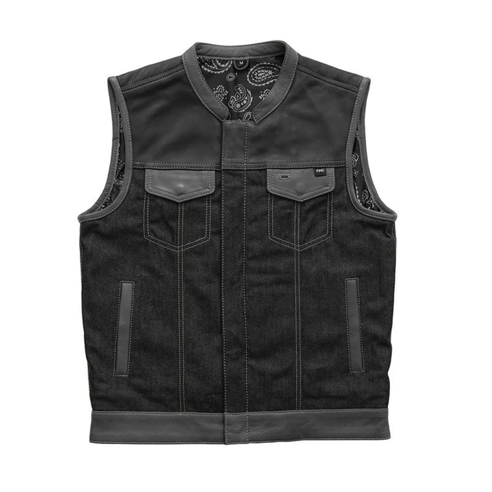 HUNT CLUB NO COLLAR MEN'S MOTORCYCLE CONCEALED CARRY LEATHER & DENIM VEST